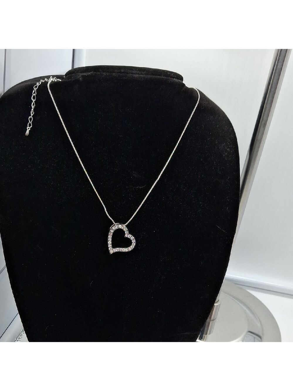 Silver And Rhinestone Heart Pendant Necklace.  16 +